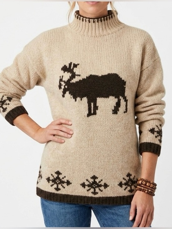 Muskoka Lakes Sweaters - Muskoka Lakes Wool Sweater Pull on Cardigan Funnel Neck Moose & Snow Beige BRN L